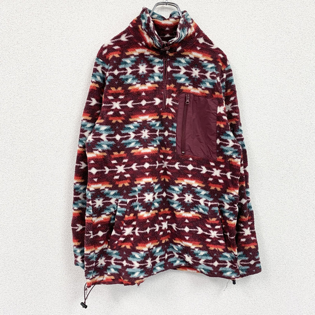 PACSUN　ハーフジップフリースプルオーバージャケット　総柄　ワインレッド　Mサイズ　古着