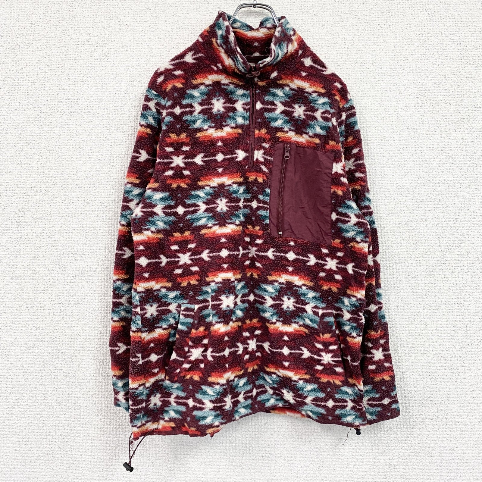 PACSUN　ハーフジップフリースプルオーバージャケット　総柄　ワインレッド　Mサイズ　古着