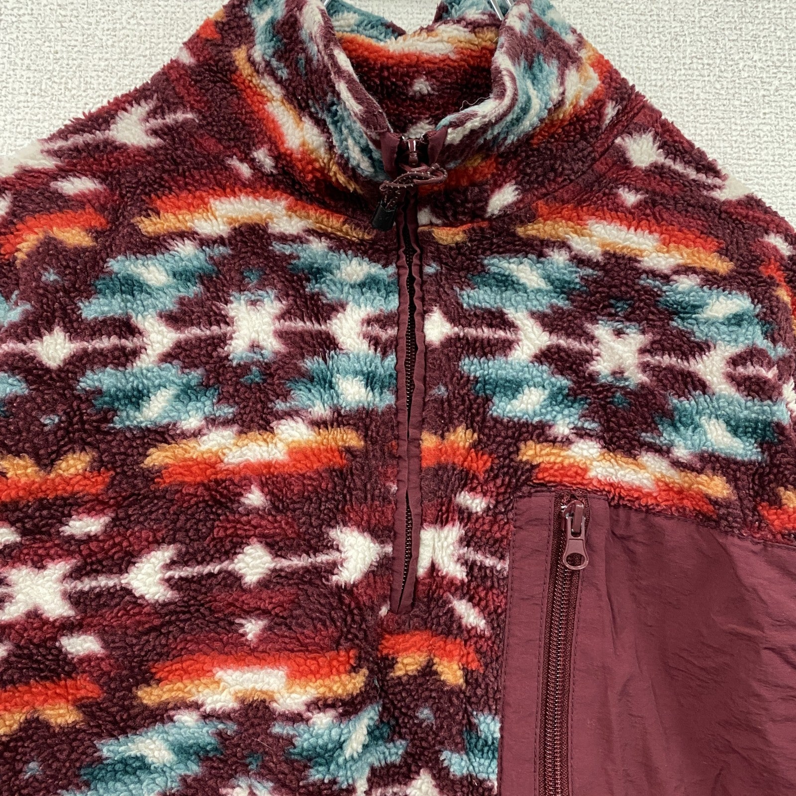 PACSUN　ハーフジップフリースプルオーバージャケット　総柄　ワインレッド　Mサイズ　古着