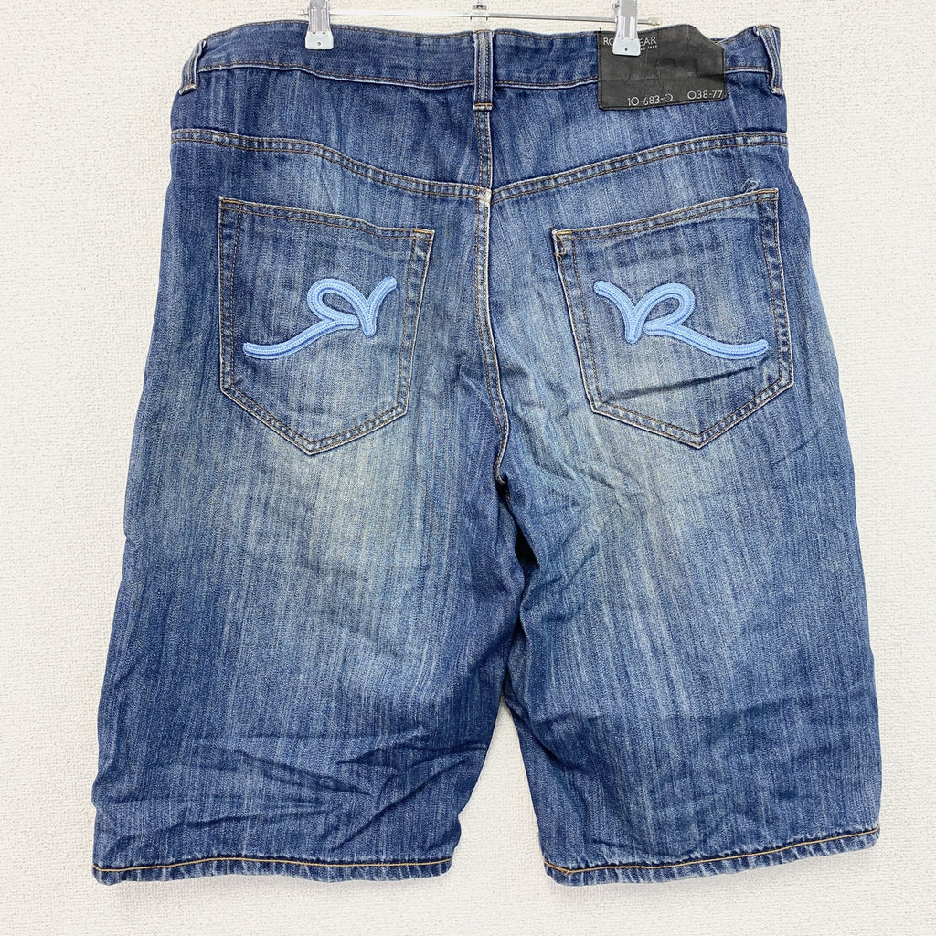 ROCAWEAR　ロカウェア　デニムハーフパンツ/ショートパンツ　縦落ち　鬼ヒゲ　フェード　ワッペン　インディゴ　38サイズ　古着