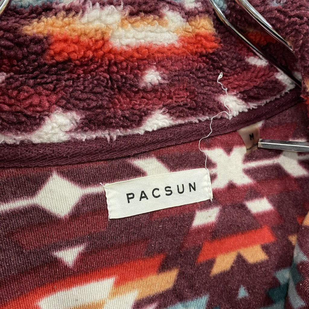 PACSUN　ハーフジップフリースプルオーバージャケット　総柄　ワインレッド　Mサイズ　古着