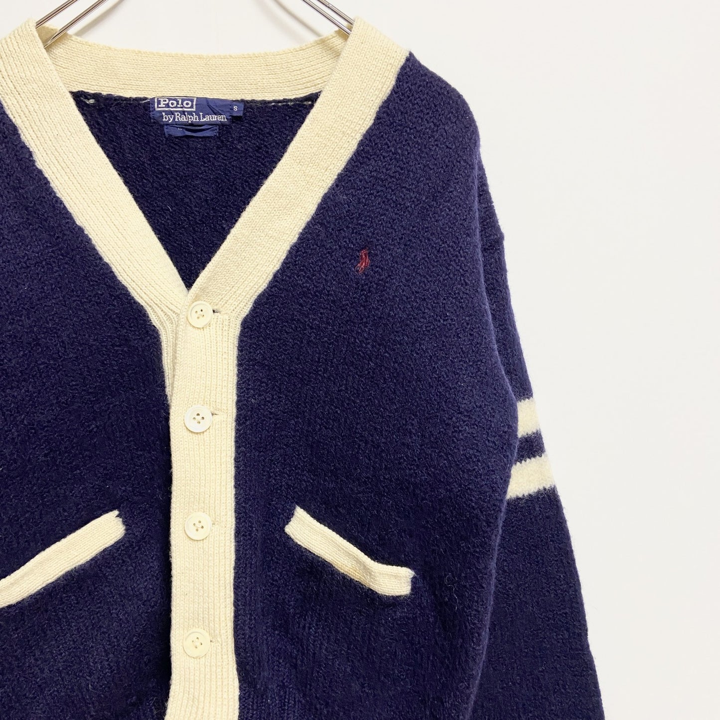 古着 used　Polo by Ralph Lauren　長袖ワンポイント刺繍カーディガン　ニット　ネイビー　Sサイズ