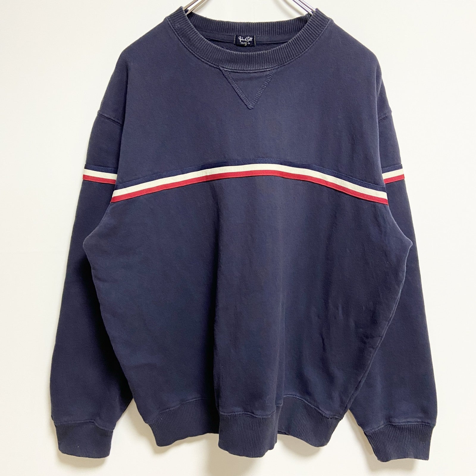 長袖Vガゼットスウェット　トレーナー　ボーダー　ライン　シンプル　ネイビー　紺　秋冬服　Lサイズ　古着