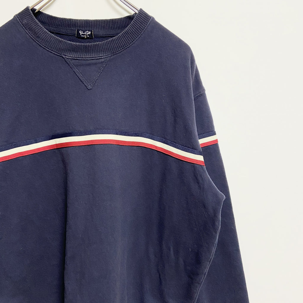 長袖Vガゼットスウェット　トレーナー　ボーダー　ライン　シンプル　ネイビー　紺　秋冬服　Lサイズ　古着