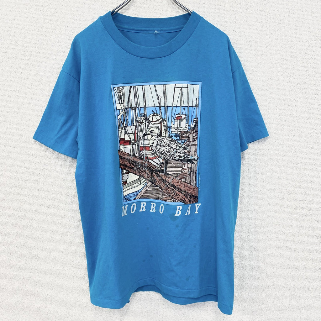 半袖プリントTシャツ　アニマル　鳥　バード　港　シングルステッチ　水色　ブルー　クルーネック　古着