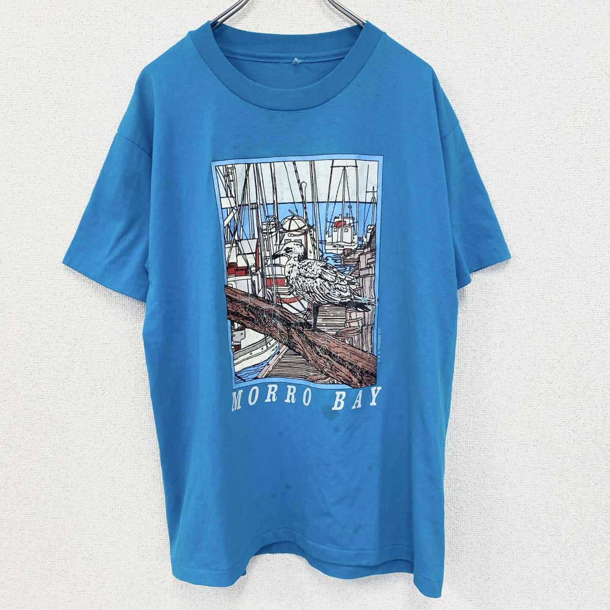 半袖プリントTシャツ　アニマル　鳥　バード　港　シングルステッチ　水色　ブルー　クルーネック　古着