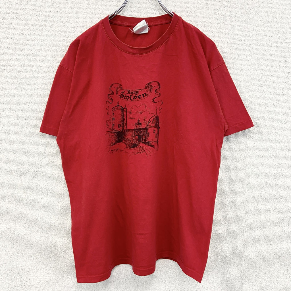 B&C ビー&シー　半袖プリントTシャツ　カジュアルデザイン　赤　レッド　クルーネック　レトロデザイン　Lサイズ　古着
