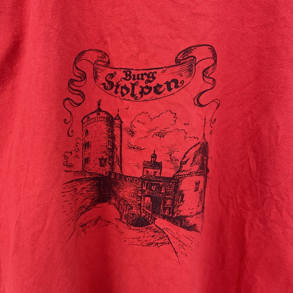 B&C ビー&シー　半袖プリントTシャツ　カジュアルデザイン　赤　レッド　クルーネック　レトロデザイン　Lサイズ　古着