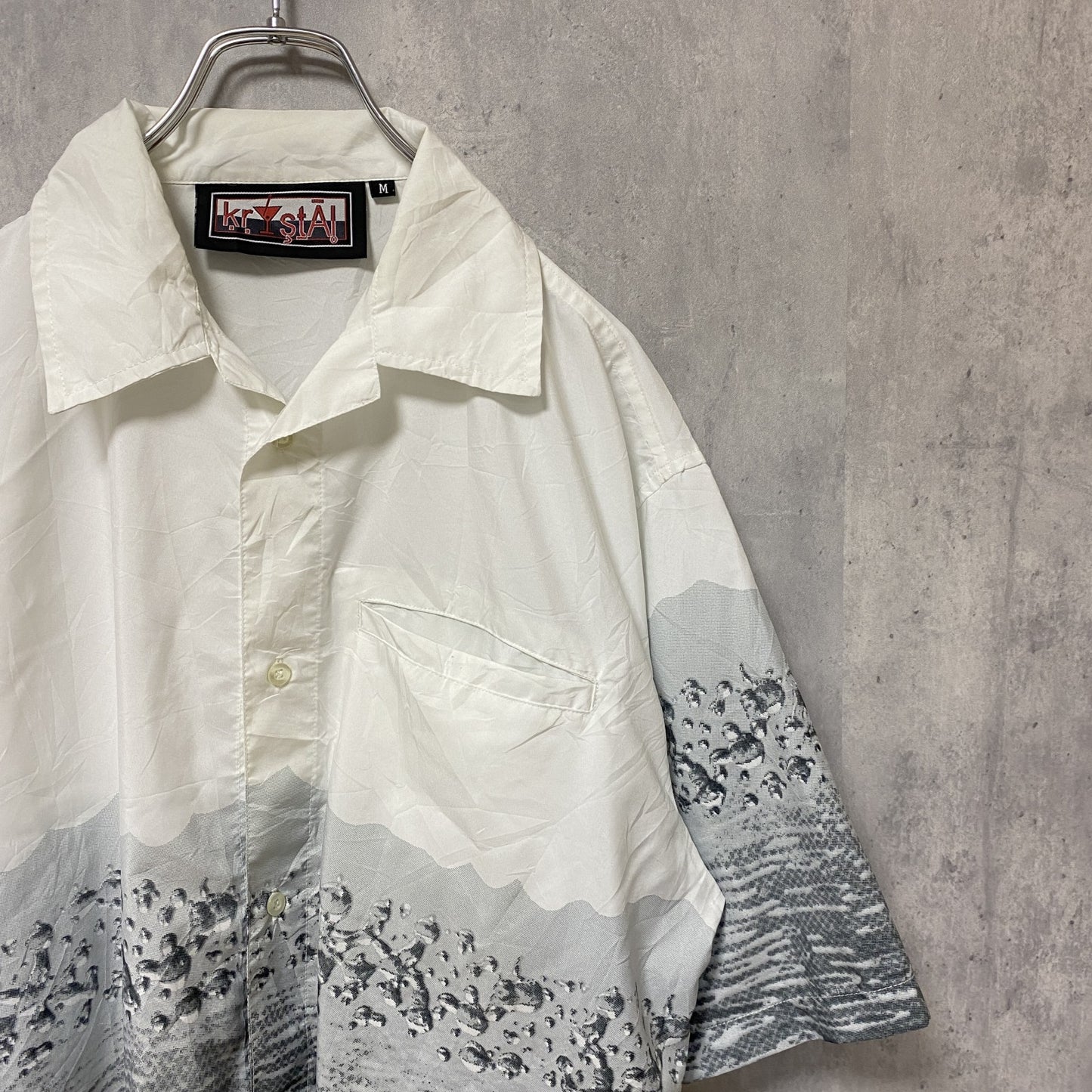 古着 used　半袖ボタンシャツ　柄シャツ　グラデーション　白　グレー　ヴィンテージ　Vintage　Lサイズ