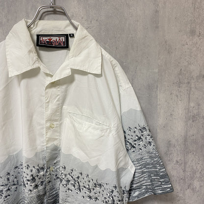 古着 used　半袖ボタンシャツ　柄シャツ　グラデーション　白　グレー　ヴィンテージ　Vintage　Lサイズ