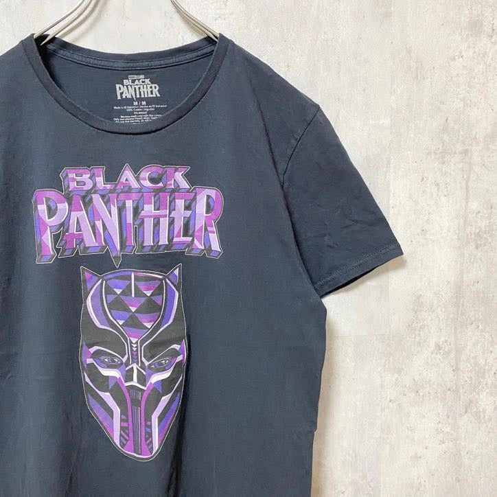 古着 used　BLACKPANTHER　ブラックパンサー　MARVEL　半袖プリントTシャツ　クルーネック　ブラック　Mサイズ