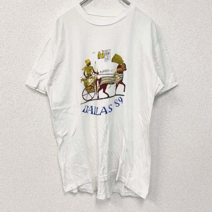 90s　半袖プリントTシャツ　シングルステッチ　ヴィンテージ　エジプト　クルーネック　レトロ　白　ホワイト　　古着