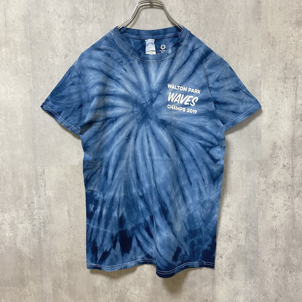 GILDAN　ギルダン　半袖タイダイ柄プリントTシャツ　クルーネック　バックプリント　青　ブルー　レトロ　Sサイズ　古着