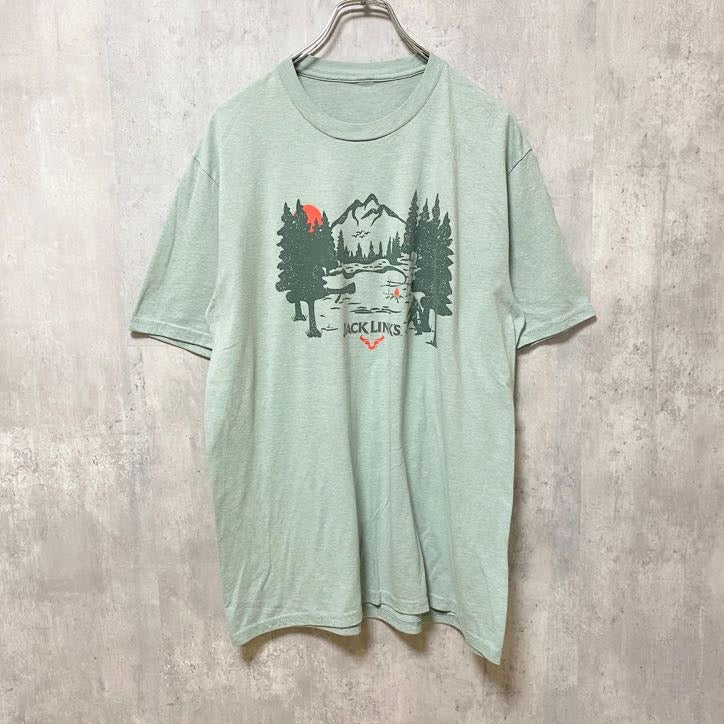 古着 used　半袖プリントTシャツ　クルーネック　雪男　森　JACKLINKS　緑　グリーン　春夏服　Lサイズ