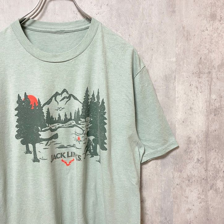 古着 used　半袖フロントプリントTシャツ　クルーネック　雪男　森　JACKLINKS　緑　グリーン　春夏服