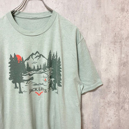 古着 used　半袖フロントプリントTシャツ　クルーネック　雪男　森　JACKLINKS　緑　グリーン　春夏服
