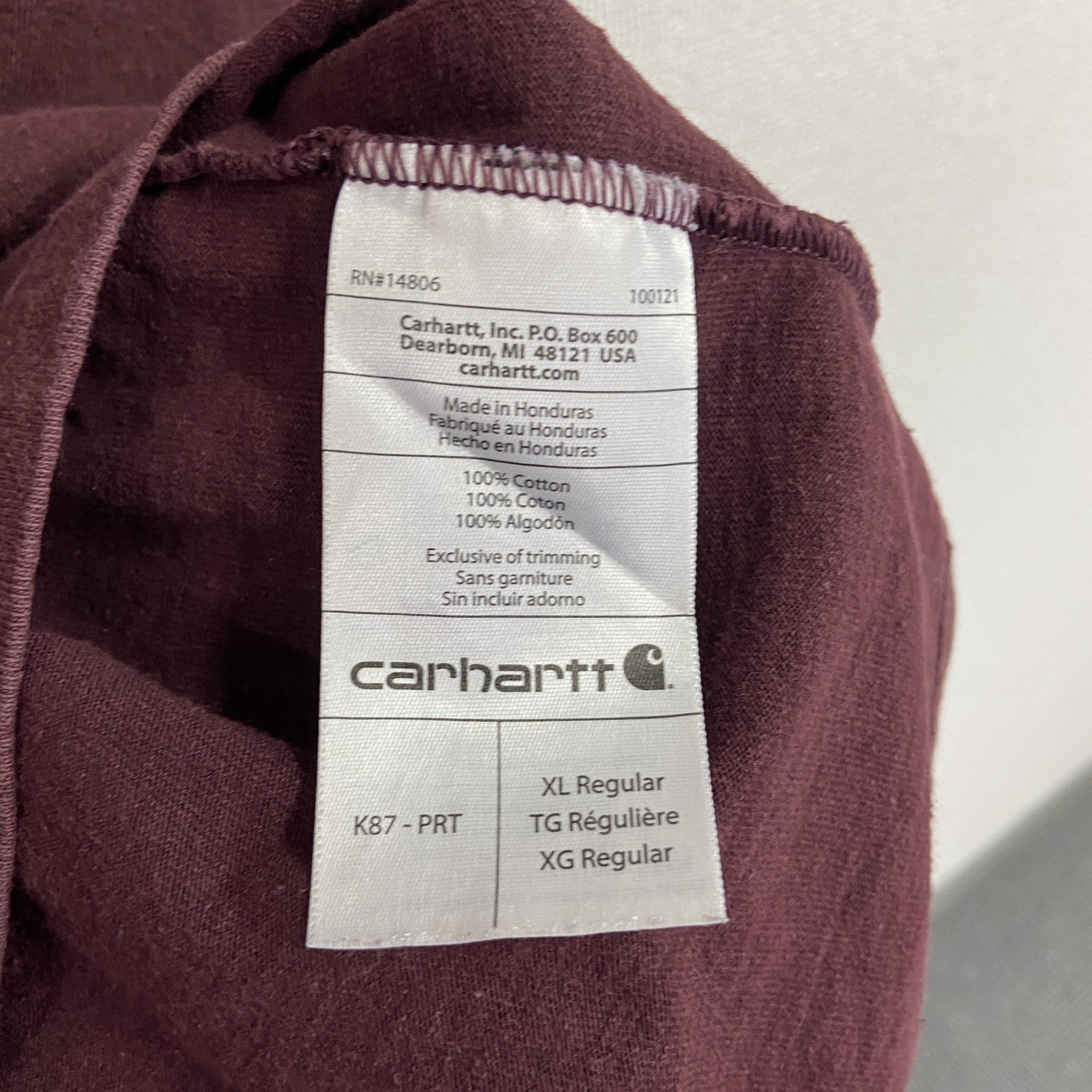 Carhart　カーハート　半袖Tシャツ　ボルドー　カシスレッド　XLサイズ　　古着