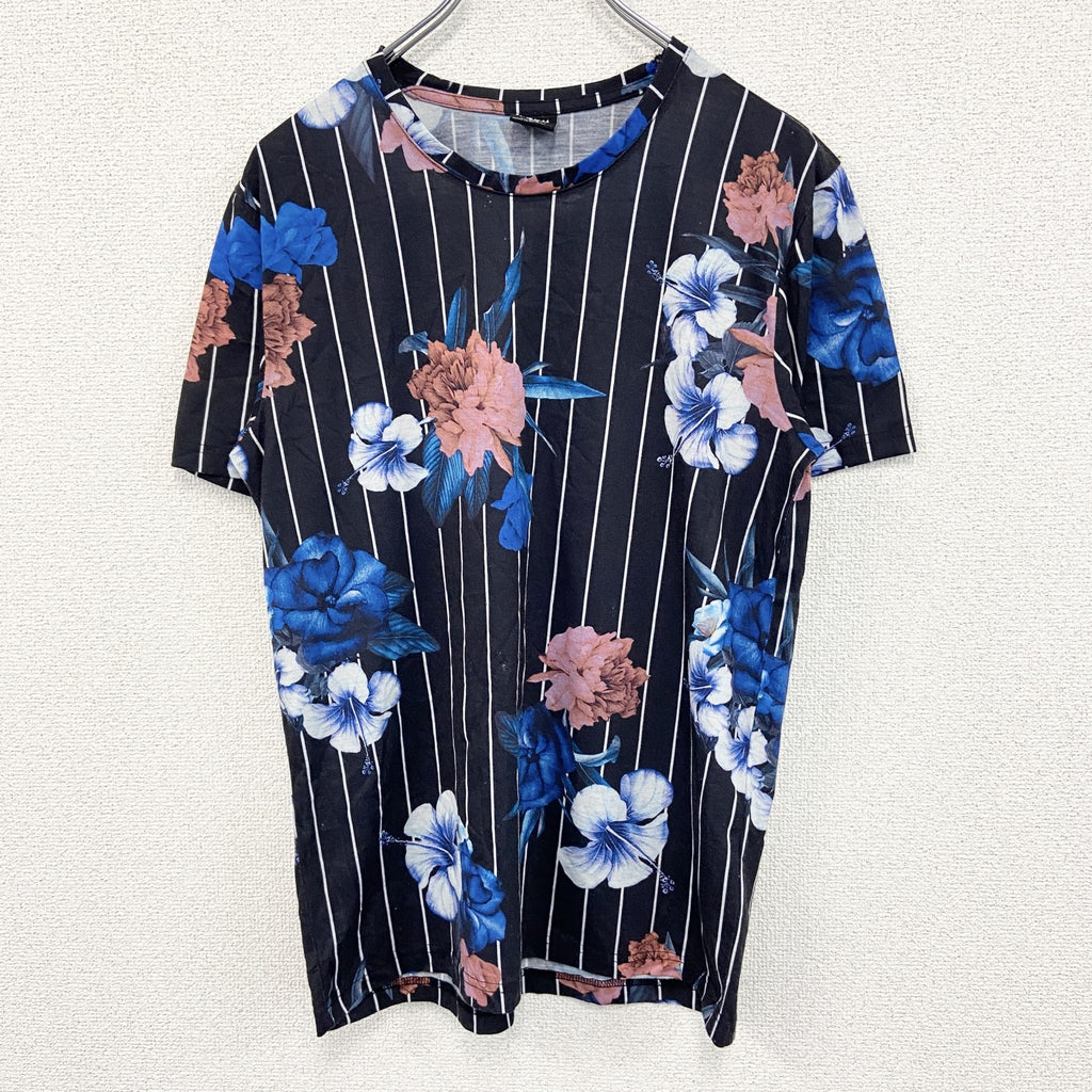 FSBN　半袖総柄プリントTシャツ　花柄　カジュアルデザイン　黒　ブラック　個性的　レトロ　クルーネック　Sサイズ　古着