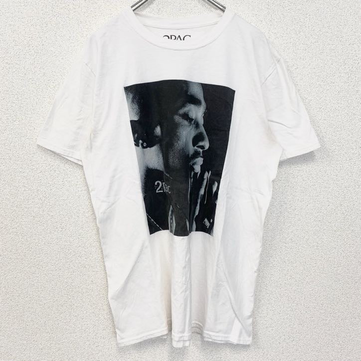 2PAC　半袖プリントTシャツ　フォト　ヒップホップ　ラッパー　クルーネック　レトロ　白　ホワイト　Lサイズ　古着