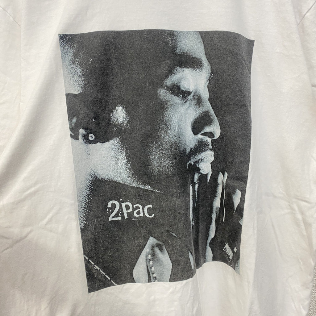2PAC　半袖プリントTシャツ　フォト　ヒップホップ　ラッパー　クルーネック　レトロ　白　ホワイト　Lサイズ　古着