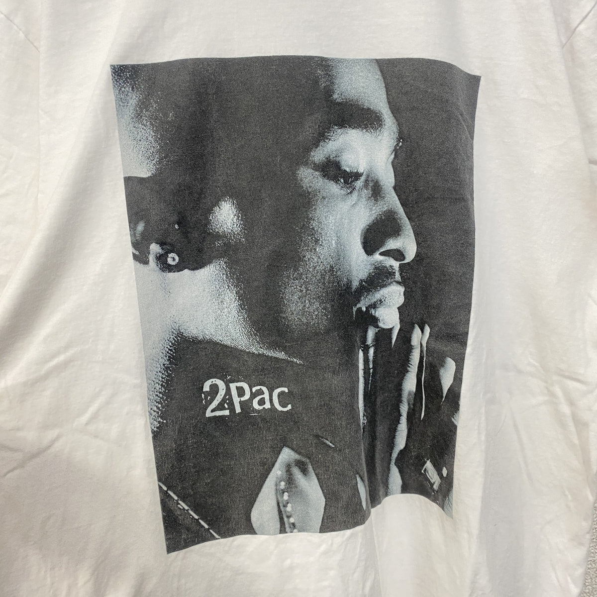 2PAC　半袖プリントTシャツ　フォト　ヒップホップ　ラッパー　クルーネック　レトロ　白　ホワイト　Lサイズ　古着