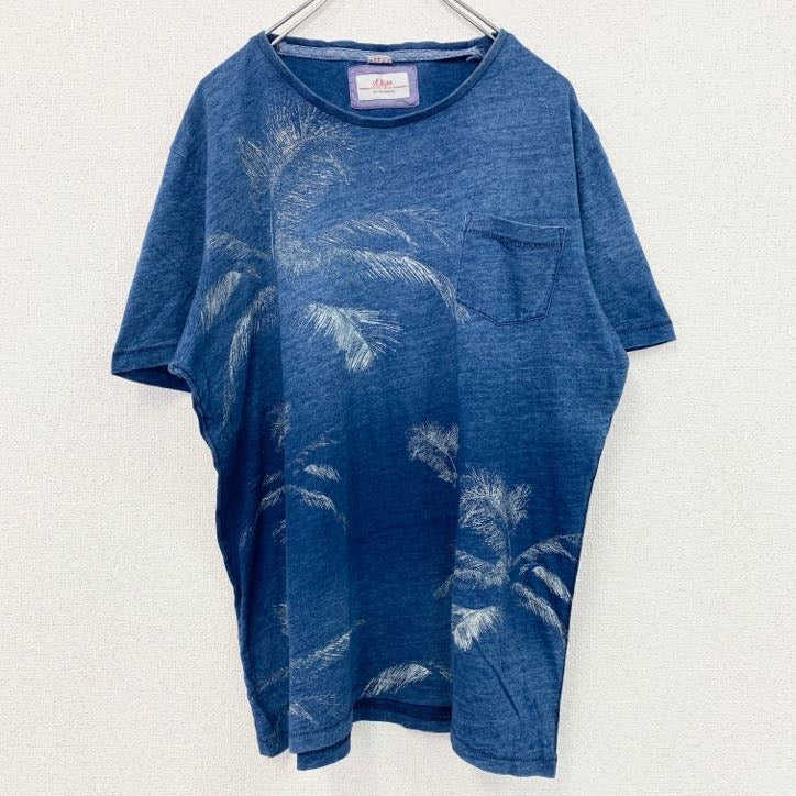 半袖プリントTシャツ　シングルステッチ　ハワイアン　ヤシの木　クルーネック　胸ポケット　ブルー　XLサイズ　古着