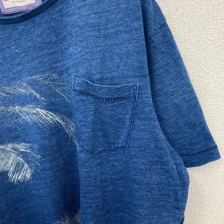半袖プリントTシャツ　シングルステッチ　ハワイアン　ヤシの木　クルーネック　胸ポケット　ブルー　XLサイズ　古着