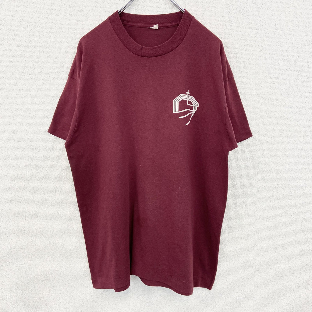 半袖プリントTシャツ　90s　十字架　鳩　赤　レッド　シングルステッチ　春夏服　レトロデザイン　Lサイズ　　ヴィンテージ　古着