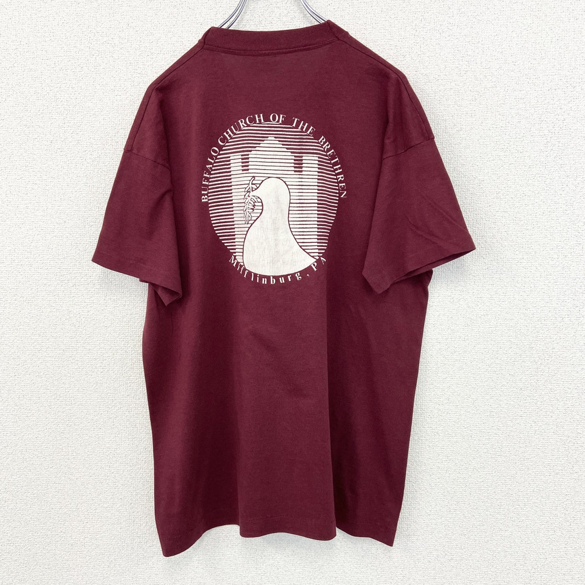 半袖プリントTシャツ　90s　十字架　鳩　赤　レッド　シングルステッチ　春夏服　レトロデザイン　Lサイズ　　ヴィンテージ　古着