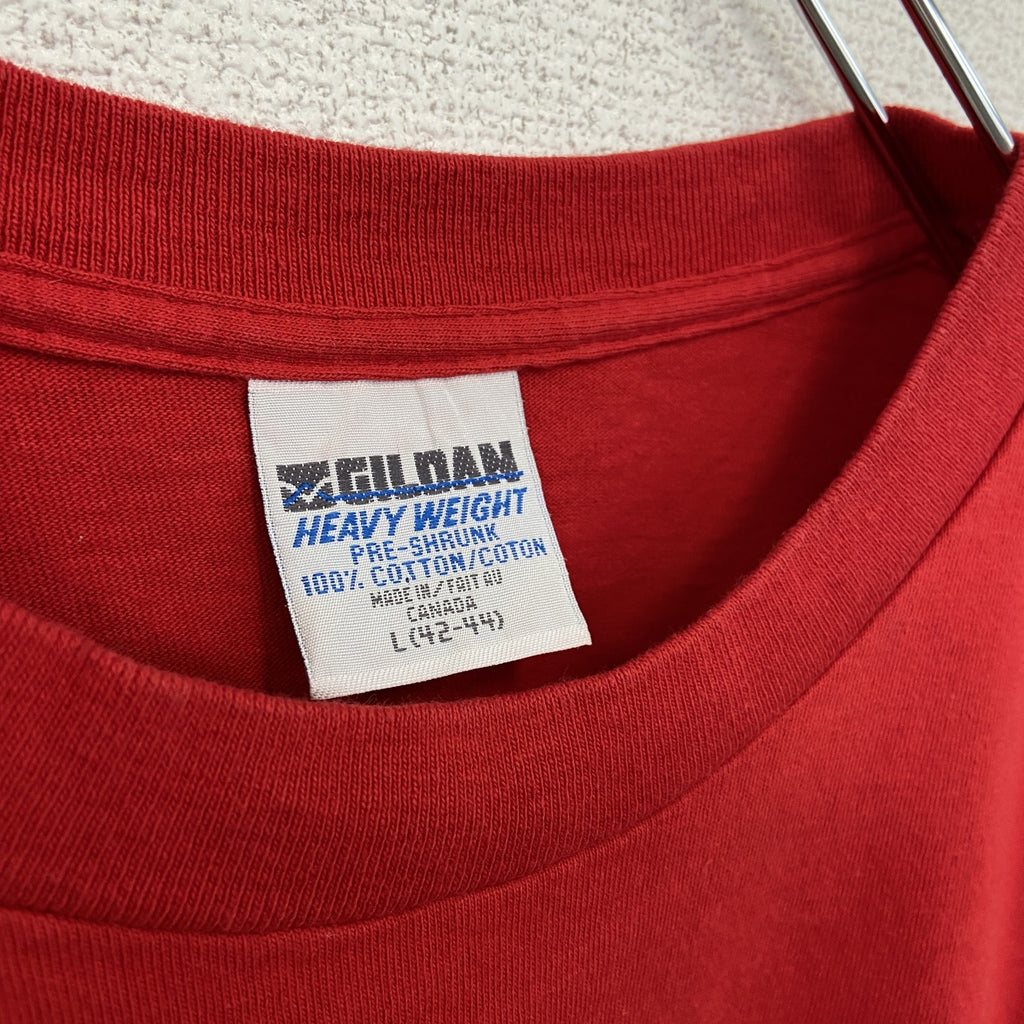 GILDAN ギルダン　半袖プリントTシャツ　90s　赤　レッド　シングルステッチ　クルーネック　Lサイズ　　ヴィンテージ　古着