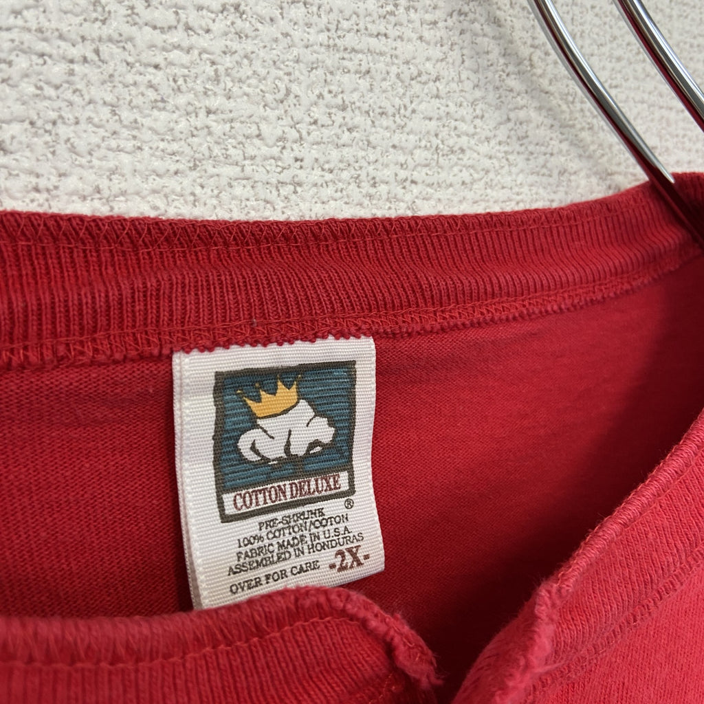 COTTON DELUXE　半袖プリントTシャツ　US製　90s　赤　レッド　シングルステッチ　クルーネック　2XLサイズ　　ヴィンテージ　古着