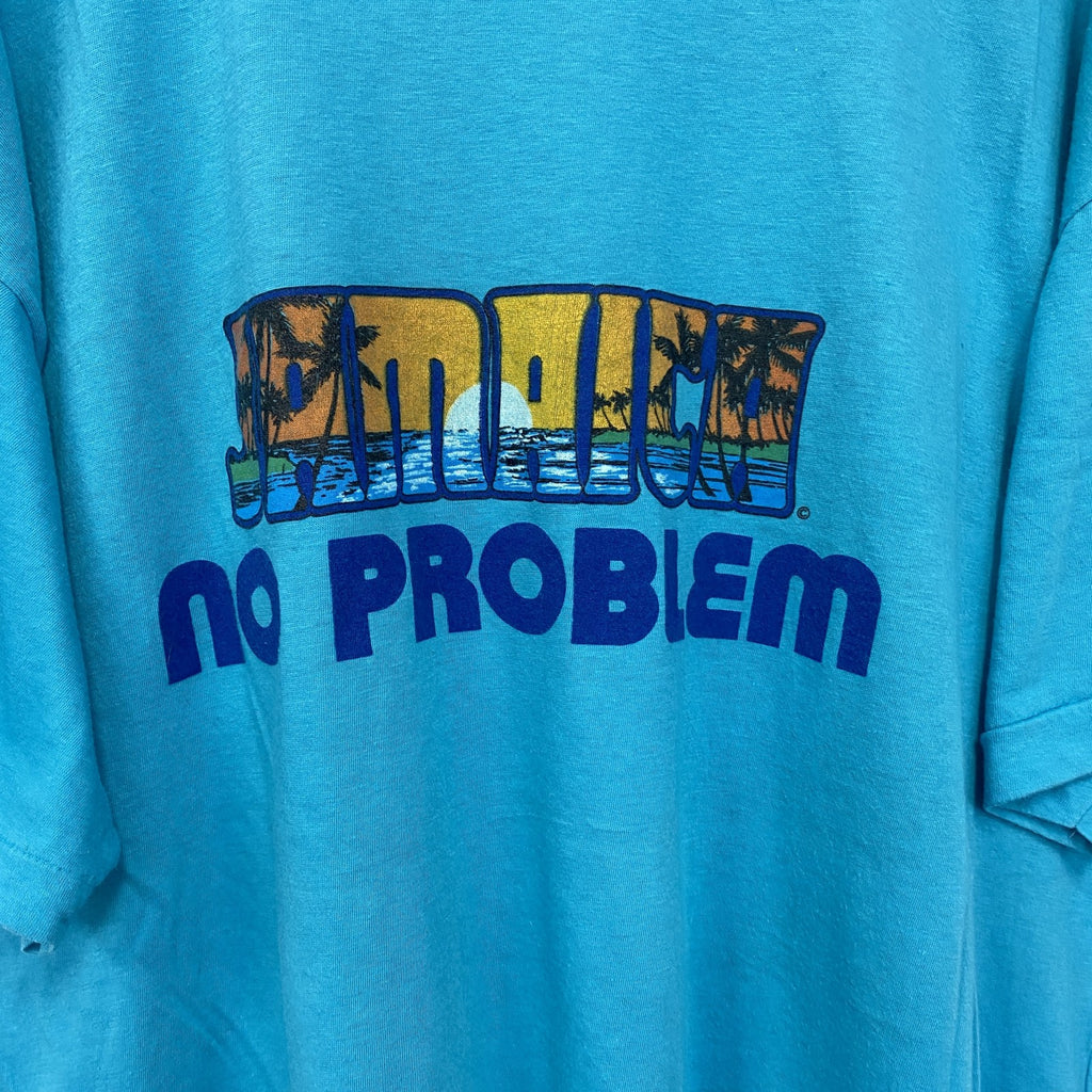 半袖プリントTシャツ　90s　シングルステッチ　ヴィンテージ　クルーネック　レトロ　水色　ブルー　XXXLサイズ　古着