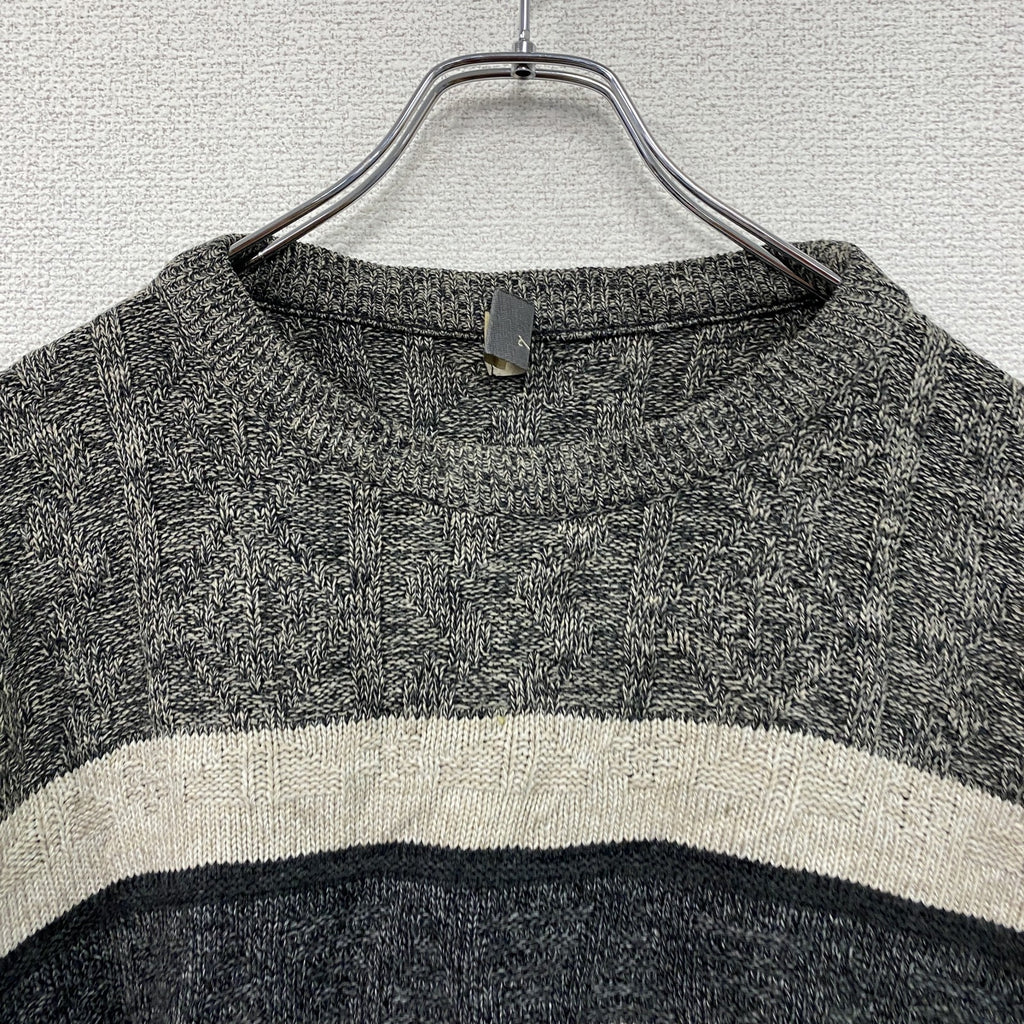 Bhs　アクリルニットセーター　ボーダー柄　幾何学模様　ノルディック柄　クルーネック　総柄　灰色　ダークグレー　Lサイズ　古着
