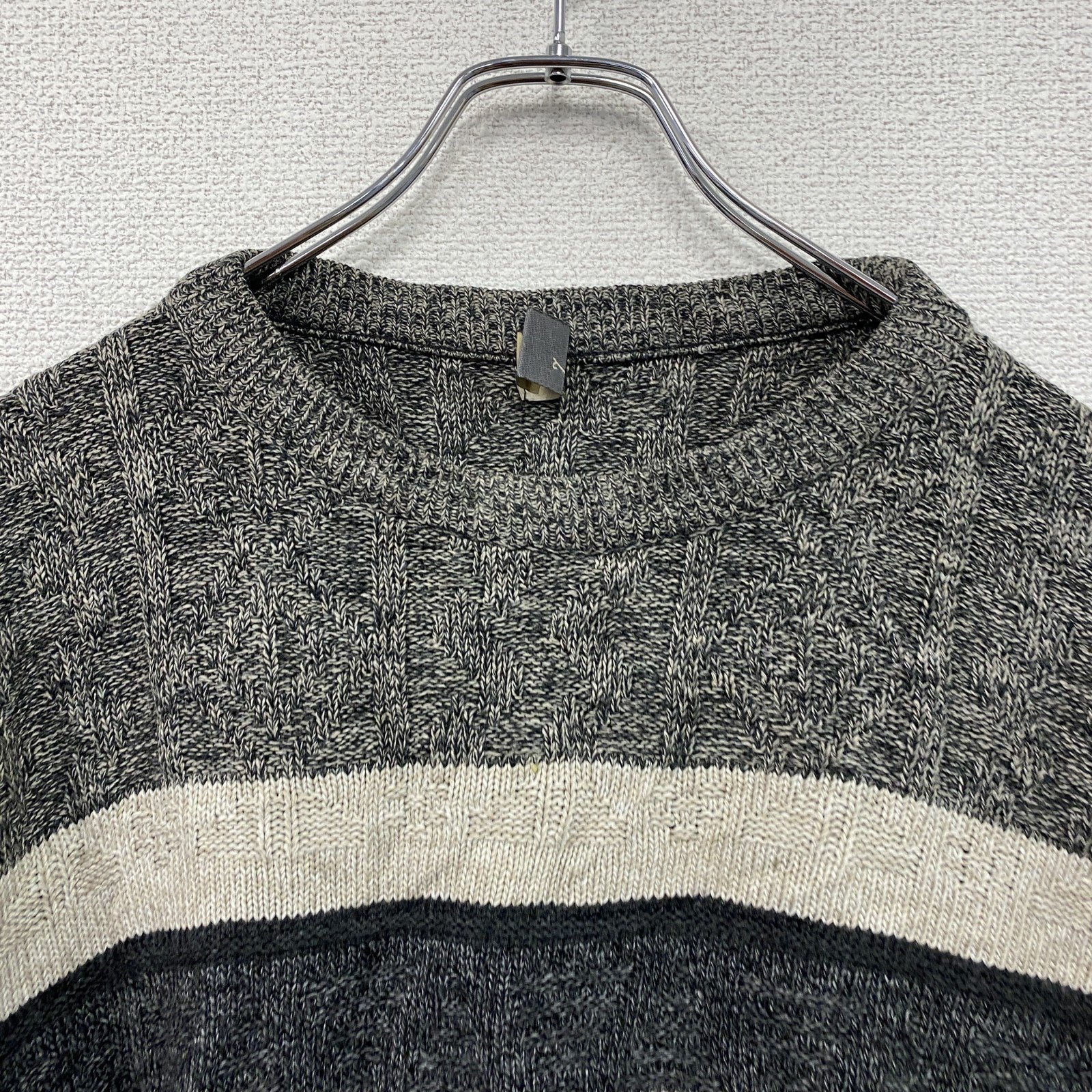 Bhs　アクリルニットセーター　ボーダー柄　幾何学模様　ノルディック柄　クルーネック　総柄　灰色　ダークグレー　Lサイズ　古着