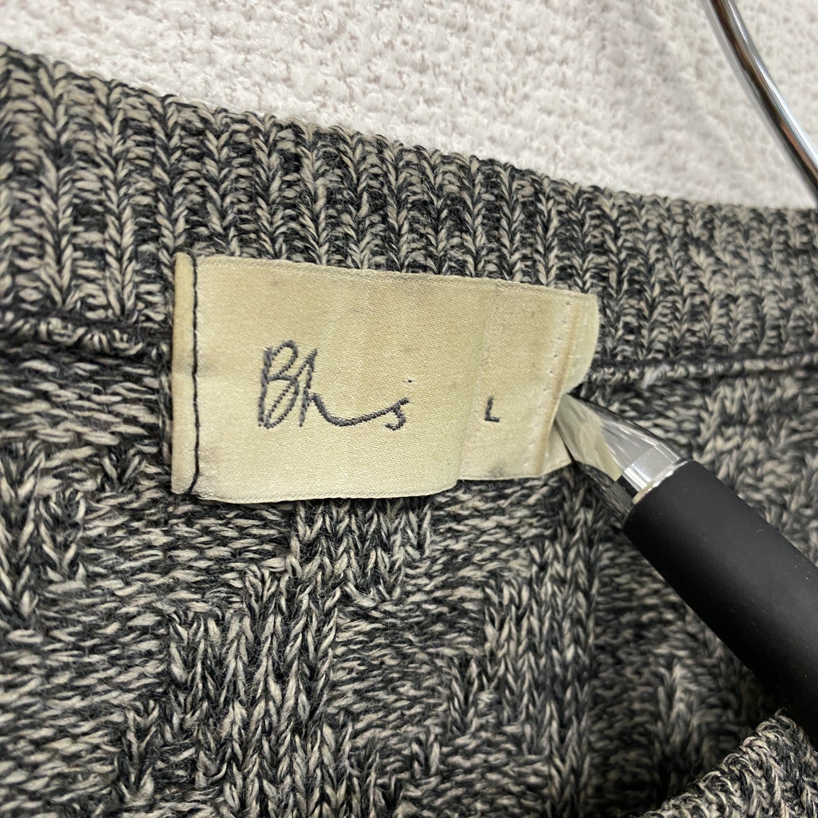 Bhs　アクリルニットセーター　ボーダー柄　幾何学模様　ノルディック柄　クルーネック　総柄　灰色　ダークグレー　Lサイズ　古着