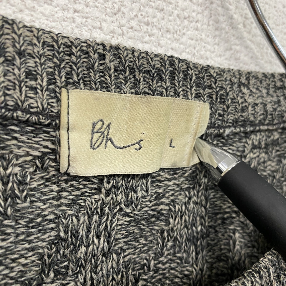 Bhs　アクリルニットセーター　ボーダー柄　幾何学模様　ノルディック柄　クルーネック　総柄　灰色　ダークグレー　Lサイズ メンズ 古着