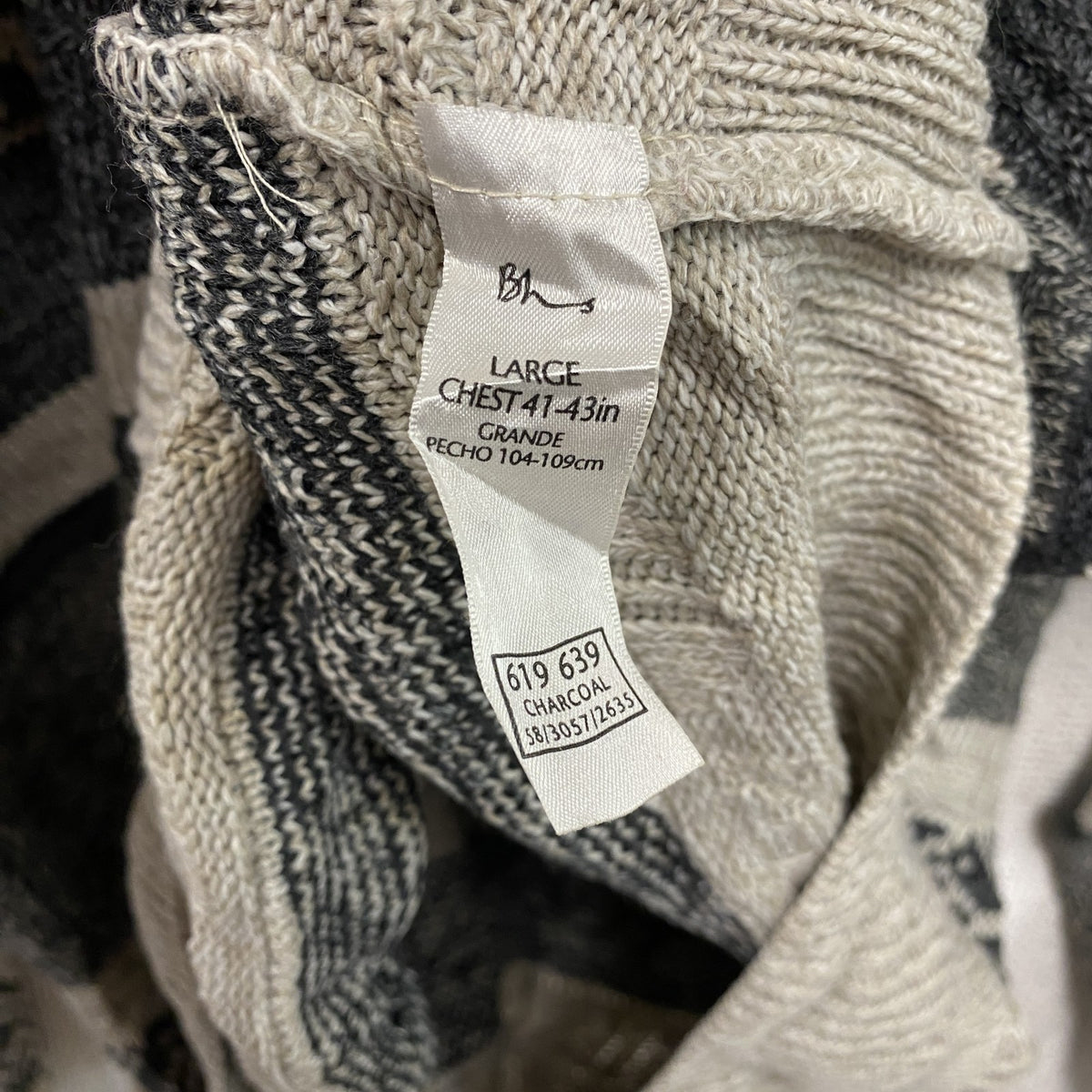 Bhs　アクリルニットセーター　ボーダー柄　幾何学模様　ノルディック柄　クルーネック　総柄　灰色　ダークグレー　Lサイズ メンズ 古着
