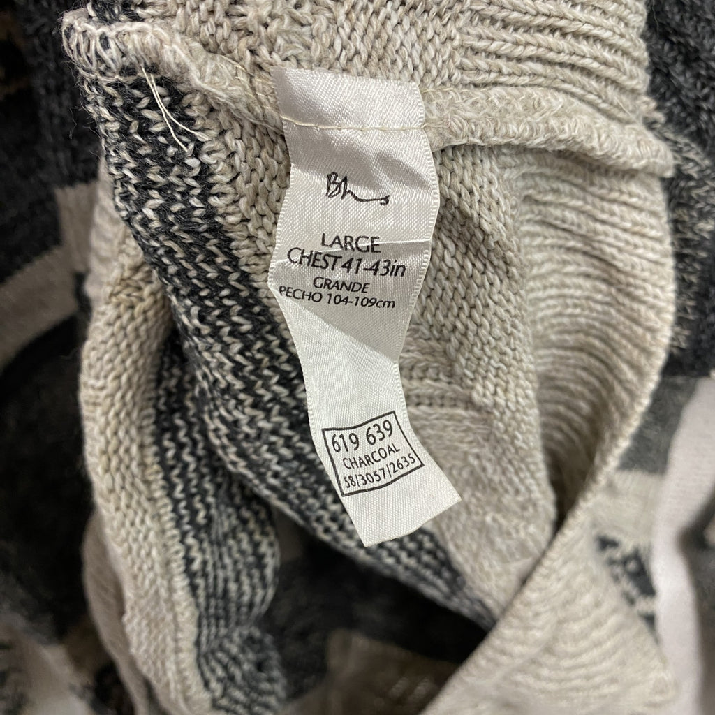 Bhs　アクリルニットセーター　ボーダー柄　幾何学模様　ノルディック柄　クルーネック　総柄　灰色　ダークグレー　Lサイズ　古着