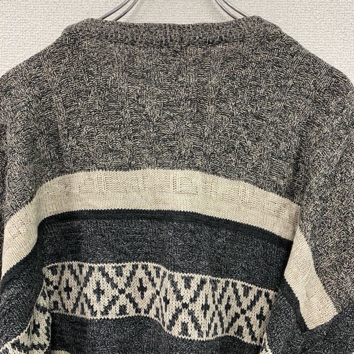 Bhs　アクリルニットセーター　ボーダー柄　幾何学模様　ノルディック柄　クルーネック　総柄　灰色　ダークグレー　Lサイズ　古着