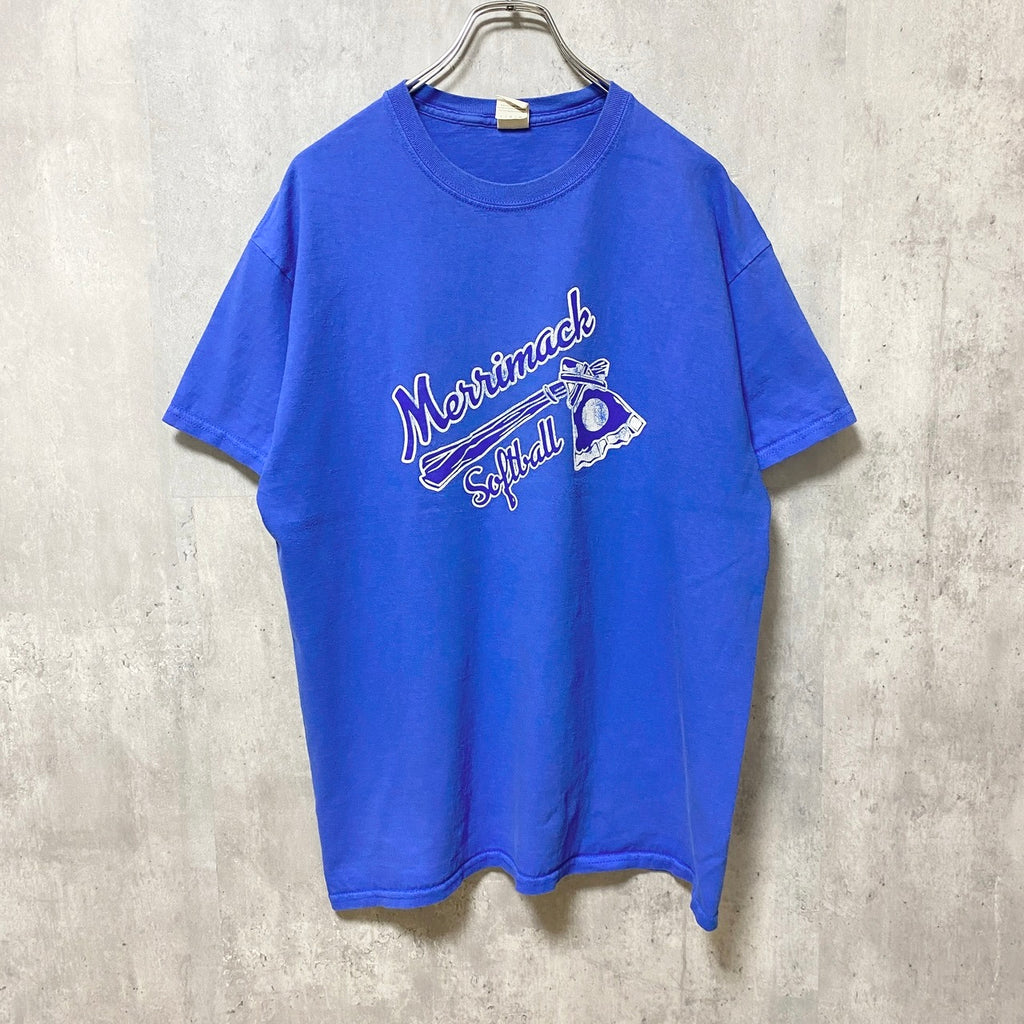 GILDAN　ギルダン　半袖プリントTシャツ　3連プリント　英字プリント　クルーネック　シンプル　青　ブルー　Lサイズ　古着