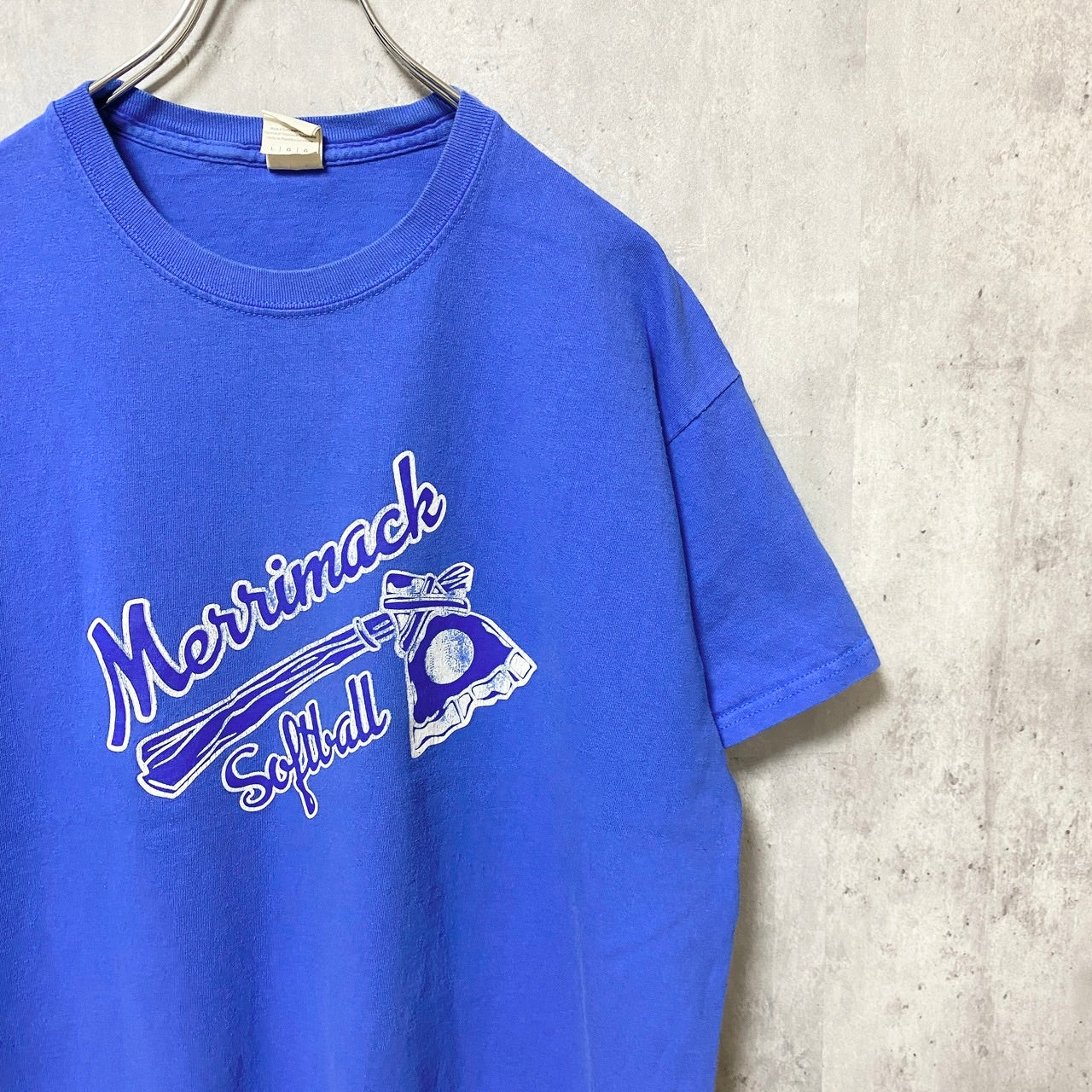 GILDAN　ギルダン　半袖プリントTシャツ　3連プリント　英字プリント　クルーネック　シンプル　青　ブルー　Lサイズ　古着