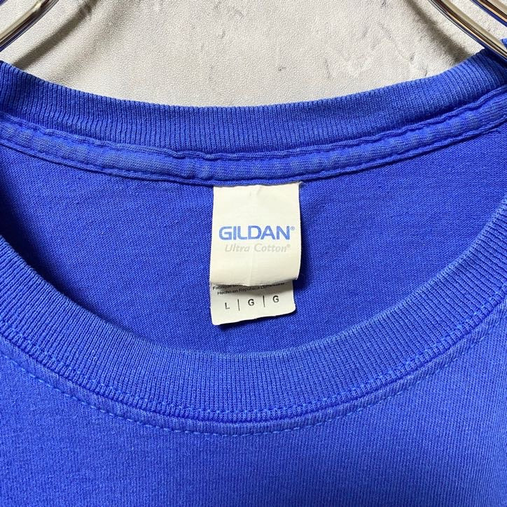 GILDAN　ギルダン　半袖プリントTシャツ　3連プリント　英字プリント　クルーネック　シンプル　青　ブルー　Lサイズ　古着