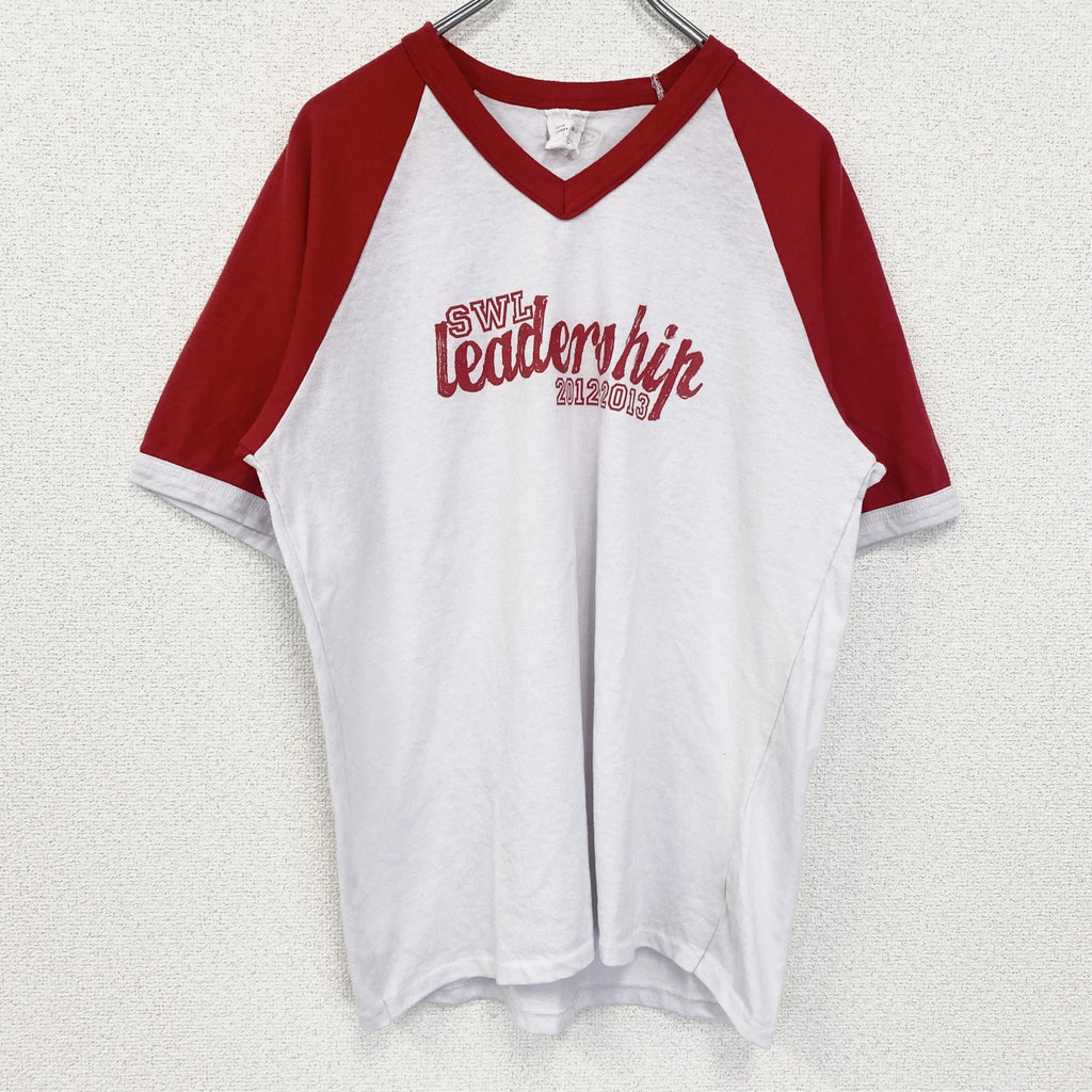 Athletic Knit　半袖プリントTシャツ　Vネック　レトロデザイン　ラグラン　白　赤　レッド　ホワイト　Mサイズ　古着