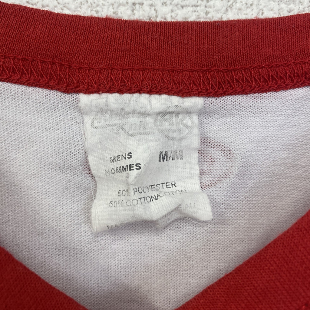 Athletic Knit　半袖プリントTシャツ　Vネック　レトロデザイン　ラグラン　白　赤　レッド　ホワイト　Mサイズ　古着