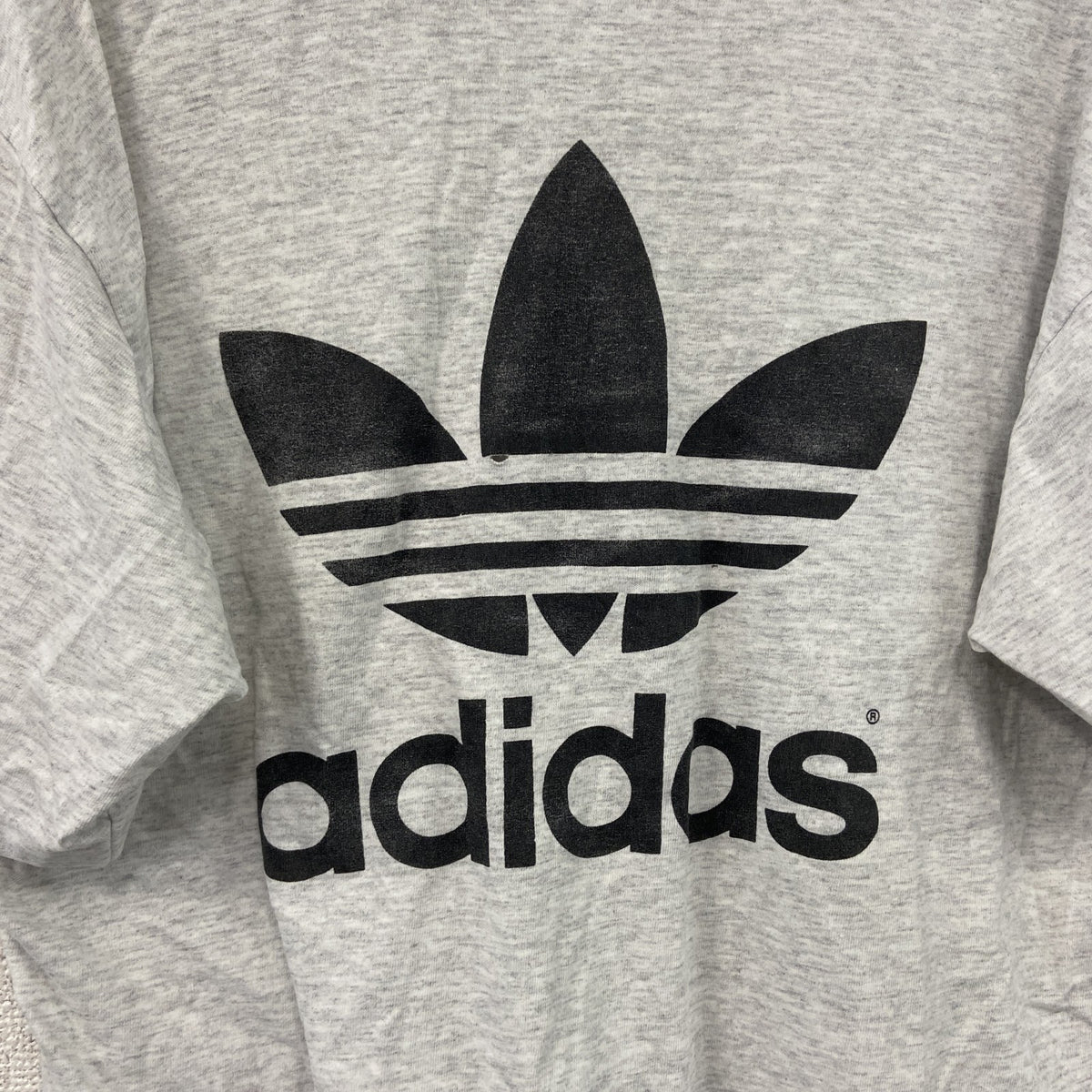 90s　adidas　アディダス　半袖プリントTシャツ　万国旗タグ　USA製　シングルステッチ　霜降りグレー　Mサイズ　古着
