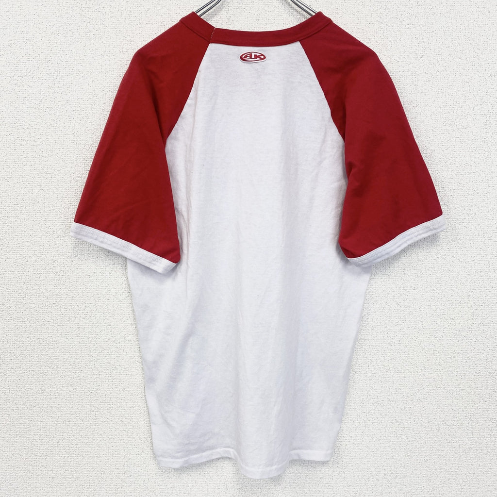 Athletic Knit　半袖プリントTシャツ　Vネック　レトロデザイン　ラグラン　白　赤　レッド　ホワイト　Mサイズ　古着