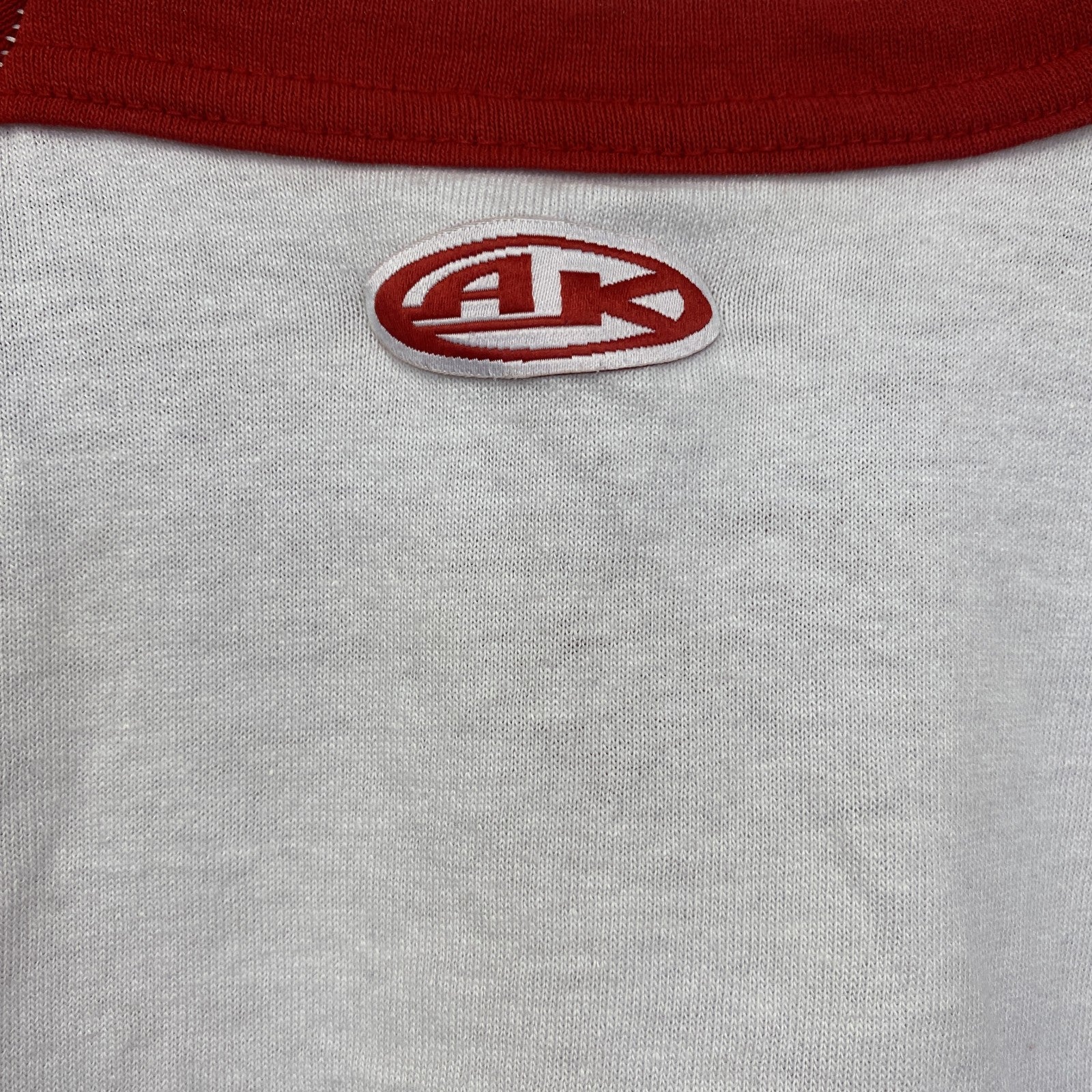 Athletic Knit　半袖プリントTシャツ　Vネック　レトロデザイン　ラグラン　白　赤　レッド　ホワイト　Mサイズ　古着
