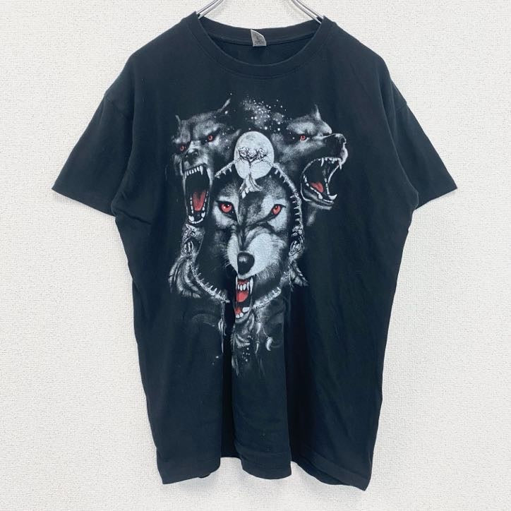 半袖アニマルプリントTシャツ　狼　グラフィック　ウルフ　レトロデザイン　クルーネック　黒　ブラック　Lサイズ　古着