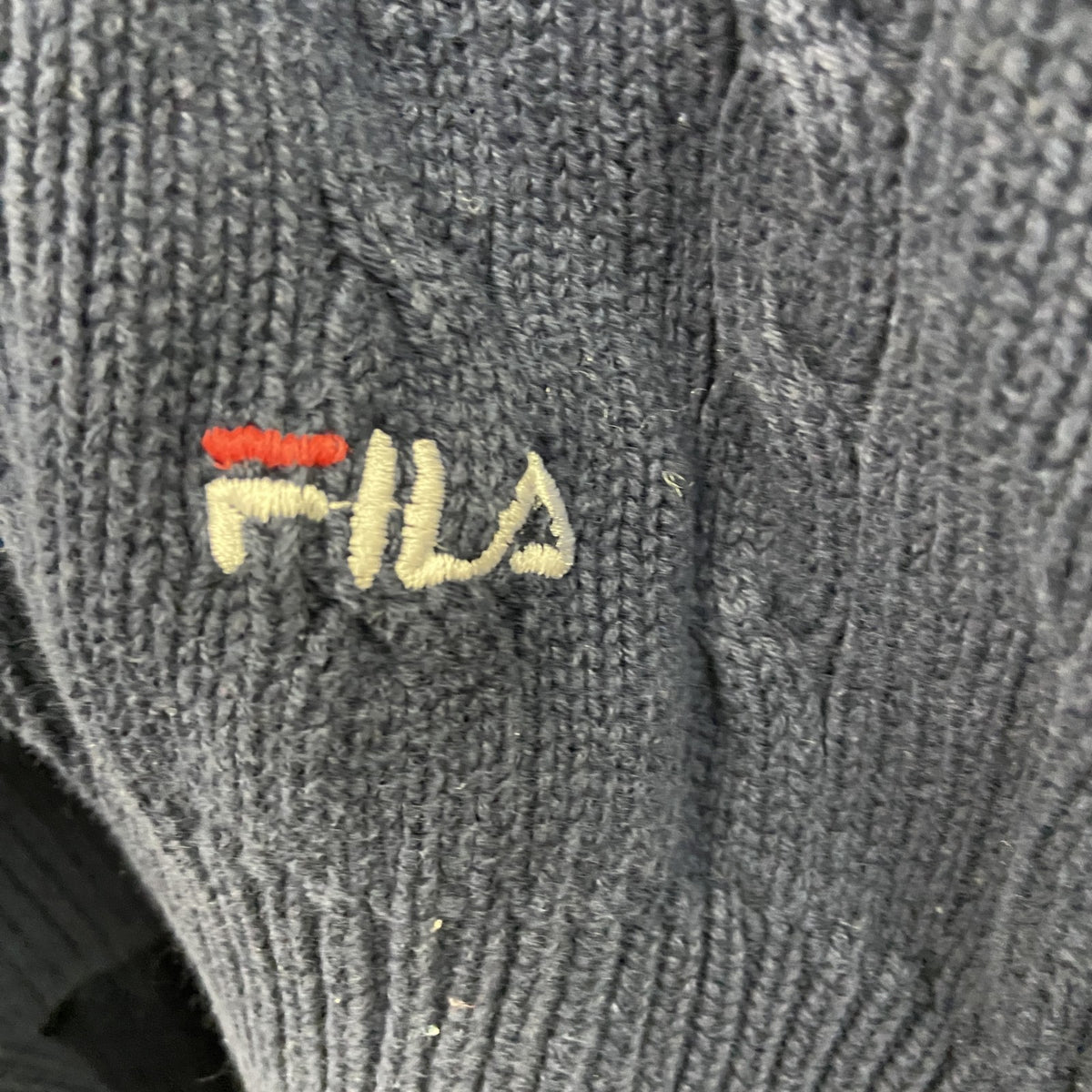 90s～　FILA　フィラ　コットンニットセーター　ケーブルニット　ユーロヴィンテージ　紺　ネイビー　XLサイズ　古着