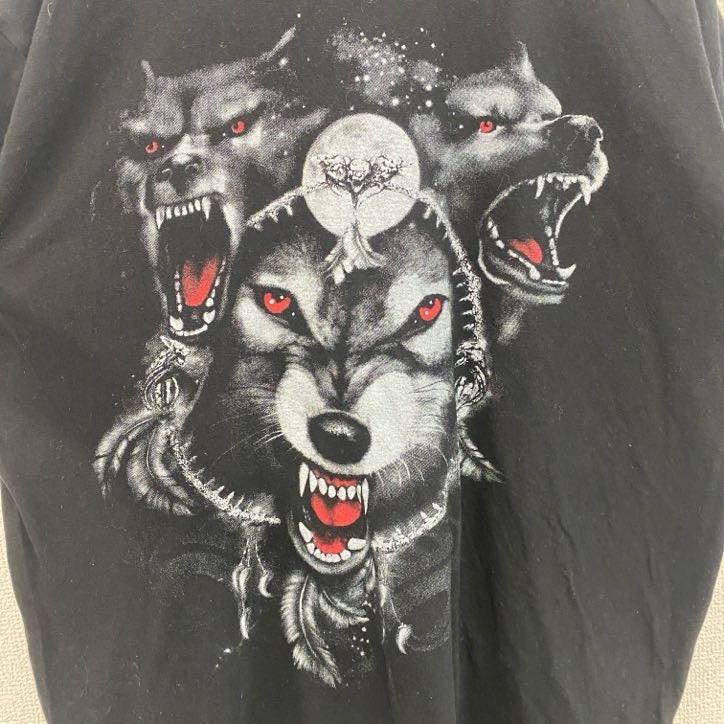 半袖アニマルプリントTシャツ　狼　グラフィック　ウルフ　レトロデザイン　クルーネック　黒　ブラック　Lサイズ　古着